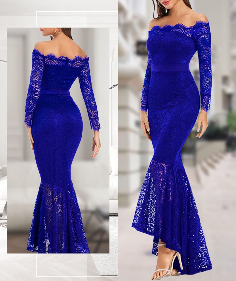 LALAGEN Women's Floral Lace Long Sleeve Off Shoulder Wedding Mermaid Dress Blue XL - Image 4